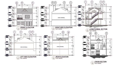 The AutoCAD house building design that shows a longitudinal section and cross-section. also has front elevation, rear elevation, right-left side elevation design with centerline detail and dimension. download 2 storey house building design DWG file. Section And Elevation Architecture, Elevation Plan Architecture Drawing, Rear Elevation Design, Sections And Elevations, Elevation Plan Architecture, Longitudinal Section Architecture, Elevation Plan Drawing, Plan Section Elevation Drawings, Side Elevation Designs For House