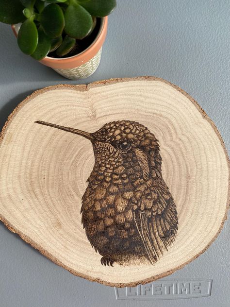 Handmade Hummingbird, pyrography  or wood burned , gives a perfect touch for decorating you home or room . Wood Burned Birdhouse, Wood Burning Hummingbird, Hummingbird Pyrography, Wood Burn Art, Pyrography Ornaments, Wood Burning Ideas Patterns, Christmas Pyrography, Wood Burning Ideas, Woodburning Art