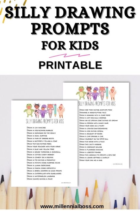 Use this silly drawing prompts for kids printable to start a new drawing habit or to have a sillier day filled with drawing and crafts! Sketchbook Prompts Elementary, Kids Drawing Challenge, Sketchbook Prompts For Kids, Kids Drawing Prompts, Silly Drawing Prompts, Art Prompts For Kids, Kids Drawing Games, Drawings Prompts, Drawing Prompts For Kids