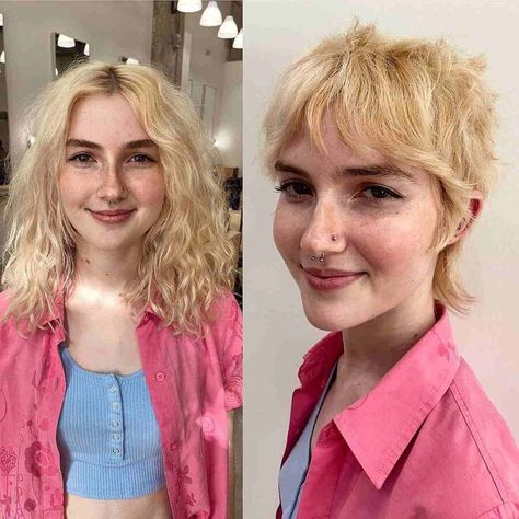 Shaggy Pixie Mullets Are Hot Right Now - Here Are 29 Great Examples Feminine Mullet Shag Short, Pixie Mullet Haircut, Mixie Pixie Mullet, Pixie Wolf Cut, Pixie Haircut With Long Bangs, Short Hairstyling, Queer Haircut, Shag Mullet, Pixie Mullet