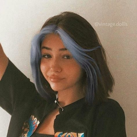 Hair Dye Shoulder Length, Blue And Brown Short Hair, Pastel Blue Hair Highlights, Short Wavy Hair Dye Ideas, Cute Short Hair Colors, Underneath Dyed Hair Short, Purple Hair Highlights Short, Short Brown Hair With Color, Front Of Hair Dyed