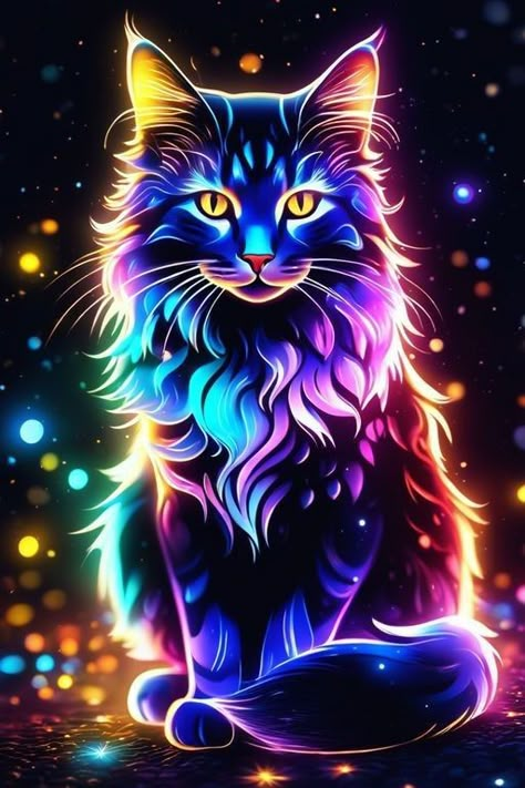 Neon Animals Art, Aesthetic Cat Names, Christmas Cat Funny, Augmented Reality Art, Virtual Reality Art, Names Cat, Cat Tattoo Design, Colorful Animal Paintings, Neon Cat