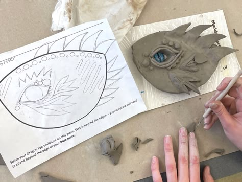 Dragon Eye Clay Sculptures | Ms. Amsler's Artroom Dragon Eye Ceramic, Middle School Ceramics Lessons, Air Dry Clay Projects For Middle School, Dragon Eyes Clay, Dragon Eye Craft, Air Dry Clay Art Lessons, Dragon Eye Clay Art, Fantasy Art Projects, Modeling Clay Art Projects