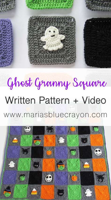 Learn how to make this crochet ghost applique with this video tutorial along with the free written pattern. This ghost granny square is a part of the Halloween themed granny square blanket. #crochet #halloween Skeleton Granny Square, Ghost Granny Square, Crochet Ghost Applique, Crochet Skeleton, Crochet Nook, Crochet Garlands, Creepy Crochet, Granny Square Häkelanleitung, Squares Blanket