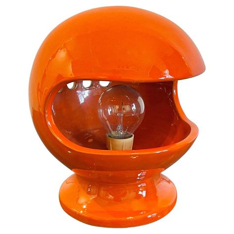 Space Age Furniture, Orange Table Lamps, 70s Interior, Orange Ceramic, Orange Table, Circular Mirror, Yellow Ceramics, Industrial Wall Lights, Ceramics Ideas