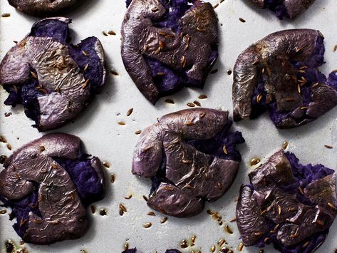 Smashed Potatoes with Caraway Purple Yams, Purple Potato Recipes, Fresh Vegetable Recipes, Misfits Market, Burger Patty, Halloween Food Appetizers, Purple Yam, Purple Potatoes, Easy Potato Recipes