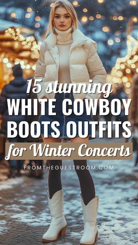 a woman wears white cowboy boots for winter concert Cold Weather Cowgirl Boots Outfit, Jeans With White Cowboy Boots, Black Outfit White Cowboy Boots, Cream Colored Cowboy Boots Outfit, White Shirt Jeans And Boots, Off White Cowgirl Boots Outfit, Jeans And White Boots Outfit, Silver Chelsea Boots Outfit, Winter Outfits Tall Boots