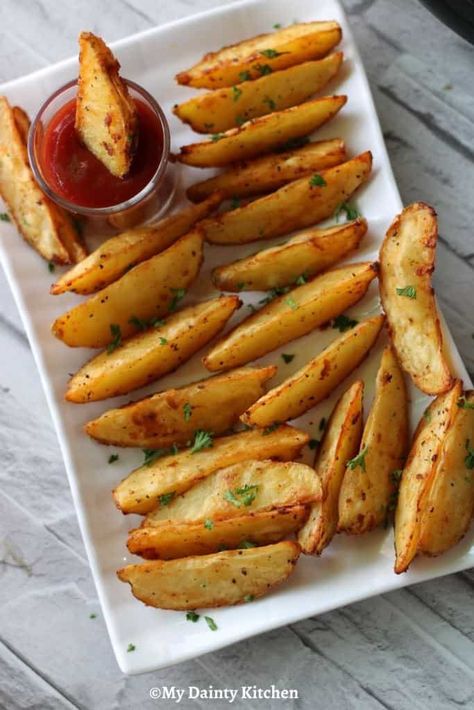 Air fryer Potato Wedges - My Dainty Kitchen Air Fryer Potato Wedges, Air Fryer Potato, Benefits Of Potatoes, Fried Recipes, Potato Appetizers, Appetizers For Kids, Vegan Potato, Vegetable Side, Favorite Appetizers