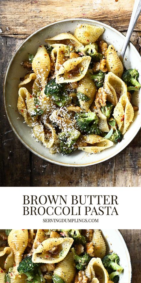 Brown Butter Broccoli and Walnut Pasta | Serving dumplings Broccoli Pasta Recipes, Walnut Pasta, Serving Dumplings, Brown Pasta, Butter Broccoli, Banza Pasta, Gnocchi Dishes, Broccoli Pasta Recipe, Brown Rice Pasta