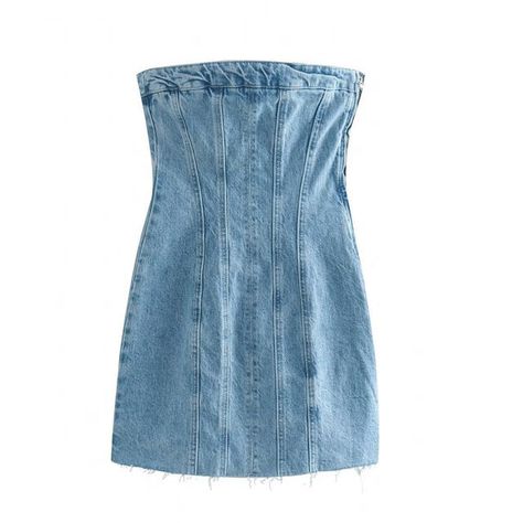 Dewewan - Strapless Washed Distressed Denim Mini Sheath Dress Denim Dresses Online, Y2k Street Style, Blue Dresses For Women, Strapless Denim Dress, Dirndl Outfit, Jeans Street Style, Backless Bodycon Dresses, Bandeau Tops, Marine Uniform