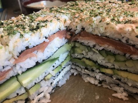 Sushi Lasagna Recipe - Genius Kitchen Sushi Lasagna, Appy Recipes, Sushi Illustration, Sushi Rice Recipes, Rice Avocado, Seasoned Rice Recipes, Seasoned Rice Vinegar, Homemade Sushi, Nut Recipes