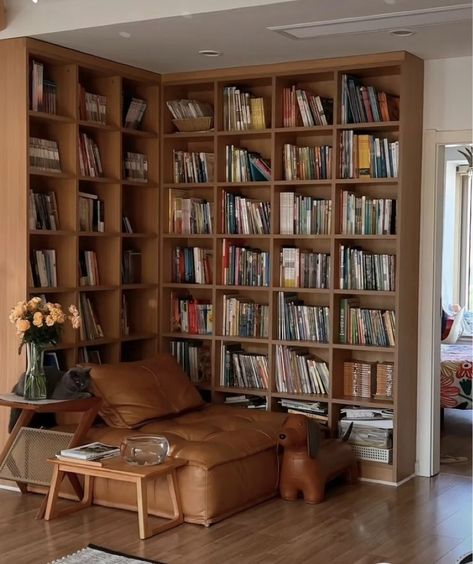 Built In Bookshelves Apartment, Library Wall Small Room, Small Parlor Room Ideas, Library Home Aesthetic, Home Book Shelf Ideas, Living Room Reading Nook Ideas, Diy Library Room, Small Office Library, Cozy Home Library Reading Space