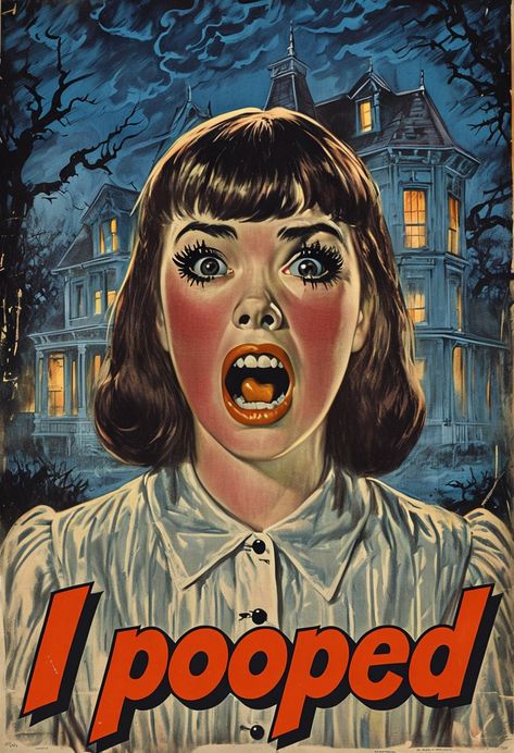 Vintage Horror Movie Poster Featuring Terrified Woman And Haunted House - Playground 80s Horror Movie Aesthetic, Haunted House Template, Horror Pulp Art, House Playground, Football Paintings, House Template, 80s Horror, Freen Sarocha, Retro Horror