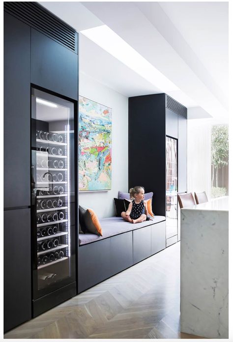 built in wine fridge Contemporary Kitchen Ideas, Classic Parisian Style, Wine Fridges, Home Wine Cellars, Casa Country, Home Bar Designs, Victorian Terrace, Australian Homes, Wine Room