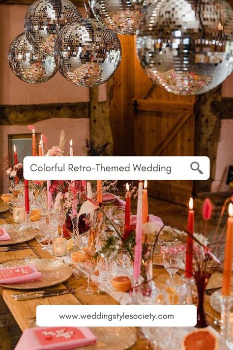 If there is one wedding theme that we would say “yes” to, any day of the week, it’s a retro or ‘70s theme. Famous for bell-bottoms and the rise of disco, this decade was for the fun-loving and wild-at-heart. If you’ve been considering a colorful retro-themed wedding, then let us help convince you. Get inspired by some of our favorite groovy details fitting for a retro-theme wedding, including color palettes and vintage decor. 70s Inspired Party Decor, Funky Vintage Wedding, 70s Wedding Decorations, Retro Orange Wedding, Boho Disco Wedding Decor, Groovy Wedding Aesthetic, Citrus Disco Wedding, Disco Themed Dinner Party, Classy Retro Wedding