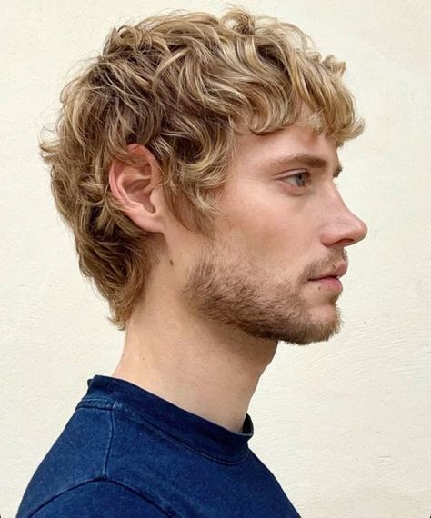 Blonde Hair Man Aesthetic, Mens Blonde Haircut, Short Curly Blonde Hair Men, Dark Blonde Hair Men, Men Hairstyle Curly, Curly Bowl Cut, Mod Hairstyle Men, Blond Mullet, Soft Mullet Men