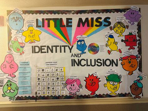 RA bulletin Board, featuring Mr. Men and Little Miss characters. Used to explain identity and inclusion topic, diversity and more! #bulletinboardideas #bulletin #RA #residential #Identity #inclusión #diversity #reslife Student Affairs Office Decor, Ra Bulletin Boards Inclusion, Ra Inclusion Bulletin Board, Lgbtq Ra Bulletin Board, Identity Ra Bulletin Board, Ra Wall Decorations, Diversity Events College, Roommate Ra Bulletin Board, Ra Bulletin Boards Diversity