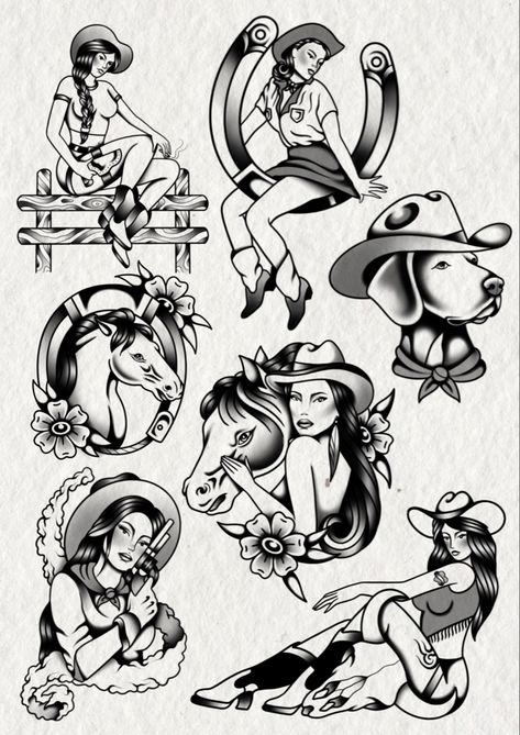 American Trad Cowgirl, Cowgirl Tattoo Flash, Cowboy Tattoo Design, Cowgirl Pinup Tattoo, Old Western Tattoos, Traditional Cowboy Tattoo, Old School Cowboy, Western Flash Tattoo, Cowgirl Tattoos Western