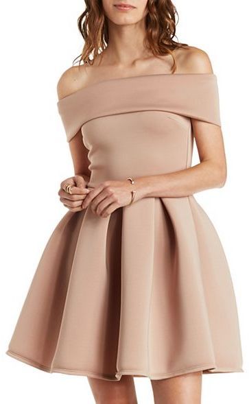 Off-the-Shoulder Pleated Skater Dress Off Shoulder Ruffle Dress, Skater Dress Outfit, Pleated Skater Dress, Frilly Dress, Short Fitted Dress, Knit Skater Dress, Shoulder Ruffle Dress, Frilly Dresses, Outfit Wedding Guest