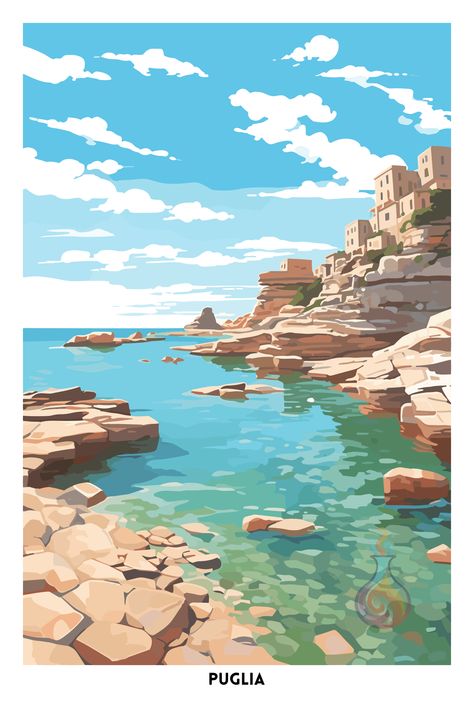 🌴 Wonderful wall art, perfect for coastal style house decor! 😃🍹🏄‍♀️ Coastal City, Beach Village Concept Art, Coastal Village Fantasy Art, Beach Town Painting, Coastal Castle Fantasy Art, Coastal City Art, Mediterranean Paintings, Puglia Italy Beach, Italy Beaches