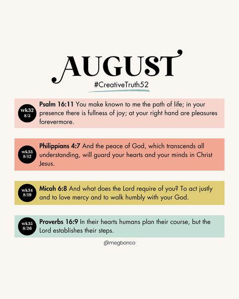 52 Bible Verses in 52 Weeks | August 🤍Weekly Bible Verse Prompts to help you create from a solid foundation in 2024. 🤍Use these verses to help you memorize, pray, and fuel your creativity for every week of the year! 🤍Whether you choose to letter each verse, journal your feelings, or let it inspire your next painting, let Truth be your creative foundation this year! 🪩If you want to participate: 1. Follow me on Instagram for monthly prompts (Save them so you can find them easily) 2. Read... Weekly Bible Verse, Monthly Prompts, Philippians 4 7, Psalm 16:11, Micah 6 8, Walk Humbly, Peace Of God, Guard Your Heart, 52 Weeks