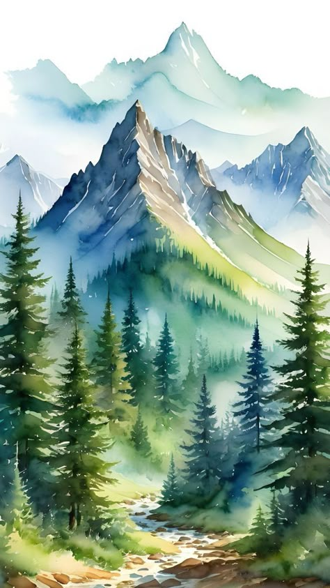 Watercolor Forest Tattoo, Mountain Background Drawing, Landscape Painting Watercolor, Watercolor Paintings Of Animals, Tree Watercolor Painting, Watercolor Art Landscape, Watercolor Paintings Nature, Watercolor Paintings For Beginners, Watercolor Landscapes