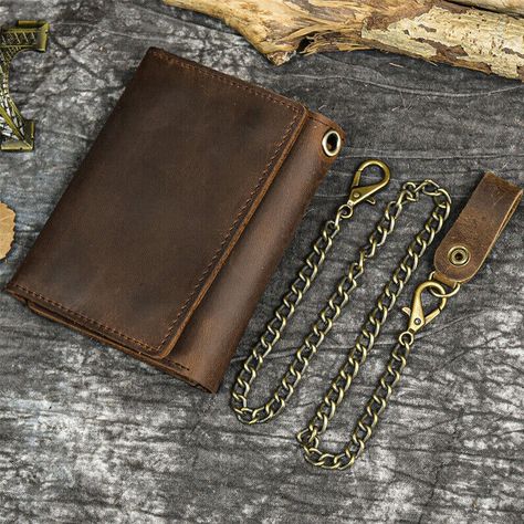 #ad #ebay #ShopNow Men Tri-fold Vintage Leather Biker Chain wallet With Snap Closur Zipper Purse#