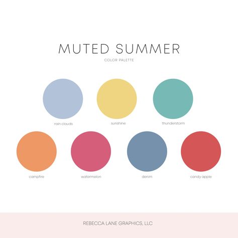 Muted Summer Color Palette – Rebecca Lane Graphics Neutral Summer Palette, Early Summer Color Palette, August Color Palette 2023, Summer Muted Color Palette, Summer Outfit Color Palette, Breezy Color Palette, Muted Watercolor Palette, 7 Colors Palette, Summer Nail Palette