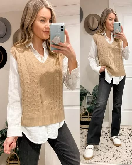 Cable Knit Sweater Outfit Work, Shirt And Knitted Vest Outfit, Khaki Sweater Vest Outfit, Tan Sleeveless Sweater Outfit, How To Style A Knitted Vest, Cream Sweater Vest Outfits For Women, Beige Knit Vest Outfit, Cable Knit Vest Outfit, Sweater Vest Ideas