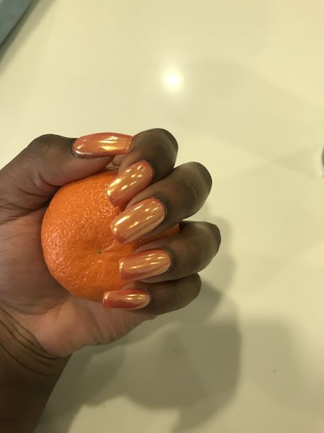 Natural Metallic Nails, Golden Orange Nails, Orange Metallic Nails, Burnt Orange Chrome Nails, Chrome Nails Orange, Chrome Orange Nails, Orange Chrome Nails, Yellow Chrome Nails, Chrome Aesthetic