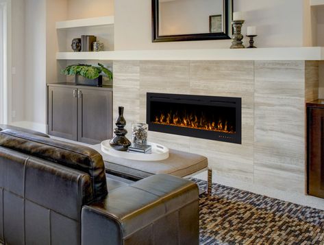 Linear In Wall Electric Fireplaces | Stylish Fireplaces Mid Century Electric, Fireplace Video, Linear Electric Fireplace, Fireplace Accent Walls, Recessed Electric Fireplace, Modern Flames, Mounted Fireplace, Wall Mounted Heater, Linear Fireplace