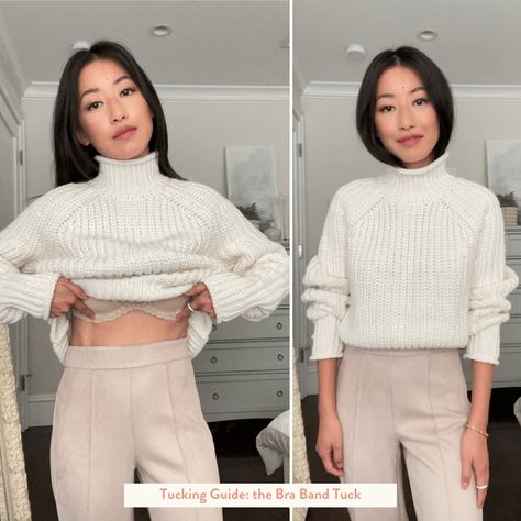 How To Tuck Long Sweater, Tucking Sweater Into Skirt, How To Tuck In A Sweater, Tuck A Sweater, Physical Aesthetic, Sweater Hacks, Andro Fashion, Turtleneck Sweater Outfit, Orange Outfits