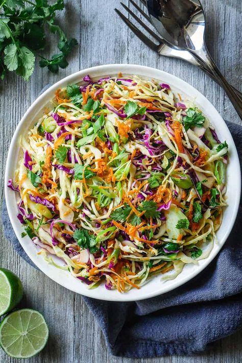 Healthy Jalapeño Coleslaw Recipe (No Mayo and Sugar-Free) Coleslaw Recipe No Mayo, Thai Peanut Noodle Salad, Healthy Coleslaw Recipe, Easy Whole30 Recipes, Peanut Noodle Salad, Healthy Coleslaw Recipes, Vinegar Coleslaw, Thai Peanut Noodles, Homemade Slaw