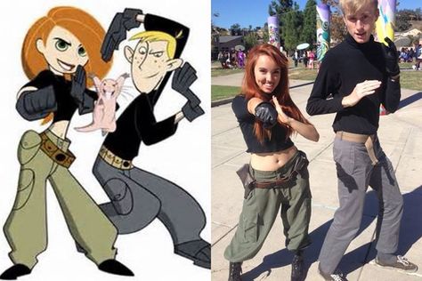 My daughter as Kim Possible in 2013. We both put all this costume together with thrift store finds. Her friend as Ron Stoppable also put his costume with thrift store finds. Things That Go Together Halloween Costumes, Kim And Ron Halloween Costume, Original Couple Costume Ideas, Ron Kim Possible Costume, Ron And Kim Possible Costume, 4 People Halloween Costumes Couples, 90s Cartoon Couples Costumes, Kim Possible Ron Stoppable Costume, Kim And Ron Costume