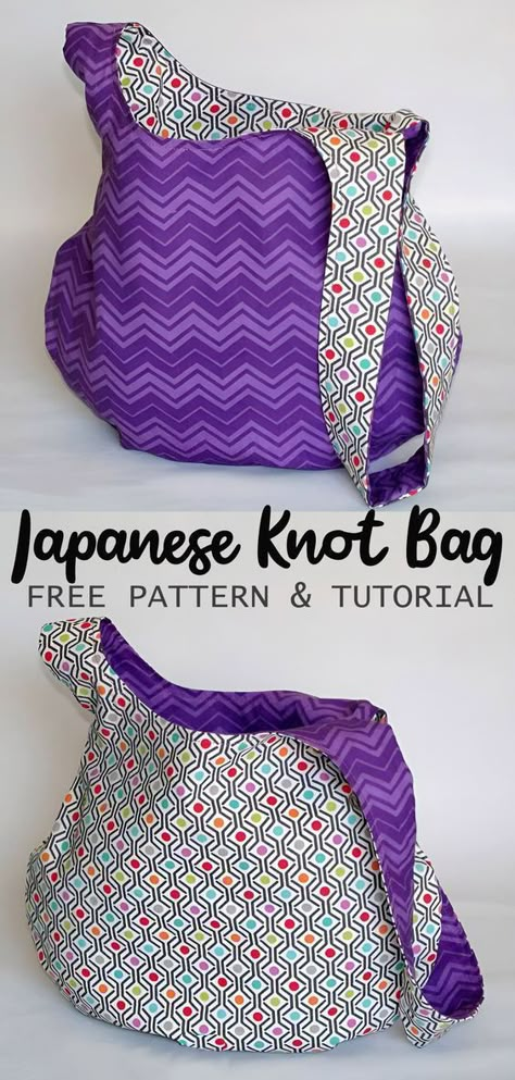 Reversible Japanese Knot Bag Pattern Japanese Bags Diy, Knot Bags Diy, Sewing A Bag Free Pattern, Japanese Purse Patterns, Sew Knitting Bag, Tote Bag Patterns To Sew Free, Large Japanese Knot Bag Pattern Free, Free Knitting Bag Pattern, Reversible Tote Bag Pattern Free