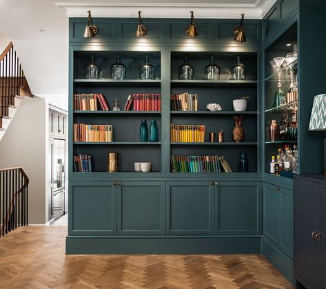 Sustainable Living Room, Home Library Rooms, Teal Interiors, Inchyra Blue, Built In Shelves Living Room, Home Library Design, Country Interior, Living Room Decor Ideas, Built In Bookcase