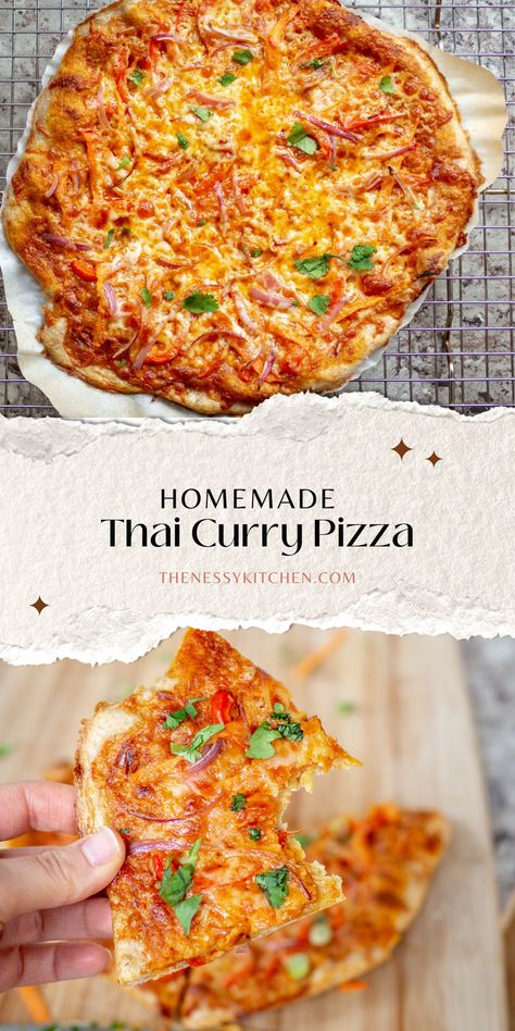 Surprise your taste buds on your next pizza night and give this Thai curry pizza recipe a try! A delicious fusion of flavors, this homemade pizza is made with a handful of simple ingredients and is loaded with fresh vegetables. Asian Style Pizza, Curry Pizza Recipes, Thai Pizza Recipe, Indian Pizza Recipe, Fusion Pizza, Asian Pizza, Chinese Pizza, Nostalgia Recipes, Thai Pizza