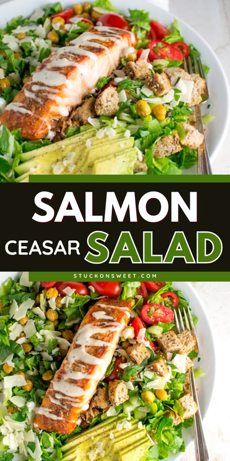 Whip up this simple Salmon Caesar Salad! Tossed in a caesar dressing with baked salmon, chickpeas, capers, and more, this summer salad recipe is healthy and delicious. Everyone will love this easy summer BBQ side dish! Salad Dressing For Salmon Salad, Easy Salmon Salad Recipes, Salmon Ceased Salad, Salmon Chickpeas, Salmon Caesar Salad, Salad With Salmon, Bbq Side Dish, Salmon Salad Recipes, Salad Recipes Healthy Easy