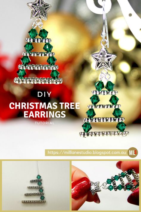 DIY Project sheet for Evergreen Christmas Tree Earrings Christmas Jewelry Diy, Jewellery Findings, Christmas Beads, Evergreen Christmas, Christmas Jewellery, Collars Diy, Crystal Christmas Tree, Holiday Beading, Earrings Tutorial