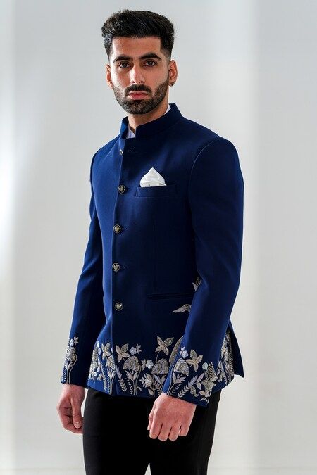 Buy Blue Japanese Polyester Embroidery Flower Sequin Jodhpuri Set For Men by Amrit Dawani Online at Aza Fashions. Indian Wedding Outfits For Men, White Wedding Suits For Men, Indo Western Outfits For Men, Indian Wedding Suits Men, Boys Kurta Design, Kids Party Wear Dresses, Stylish Mens Suits, Wedding Dresses Men Indian, Off White Pants