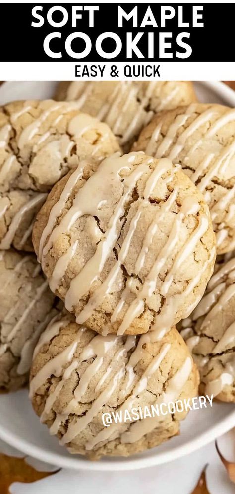 A plate of soft maple cookies glazed with maple icing. Crumbl Cookie Copycat Maple Glaze, Maple Glaze Crumbl Cookie, Hooty Creek Cookies, Thanksgiving Biscuits Recipe, Maple Extract Cookies, Maple Iced Cookies, Maple Glaze Cookies, Chocolate Chip Cookies With Maple Syrup, Glazed Maple Shortbread Cookies