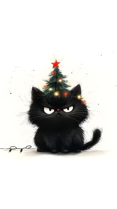 Christmas Cat Background, Christmas Cat Painting Easy, Black Cat Christmas Wallpaper, Cat Christmas Wallpaper, Goth Christmas Aesthetic, Christmas Cat Illustration, Christmas Cat Wallpaper, Christmas Cat Funny, Christmas Black Cat