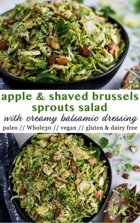 Step up your brussels sprouts game with this salad! A quick and easy recipe, this Apple & Shaved Brussels Sprouts Salad makes a delicious side dish packed with veggies, fruit, and nuts with a creamy balsamic dressing. It comes together in less than 10 minutes and is vegan, paleo, and Whole30 approved! - Eat the Gains #whole30 #vegan #paleo #brusselssprouts February Salad, Creamy Balsamic Dressing, Whole30 Vegan, Shaved Brussel Sprouts, Brussels Sprouts Salad, Roasted Sprouts, Sprout Salad, Sprouts Salad, Brussel Sprout Salad