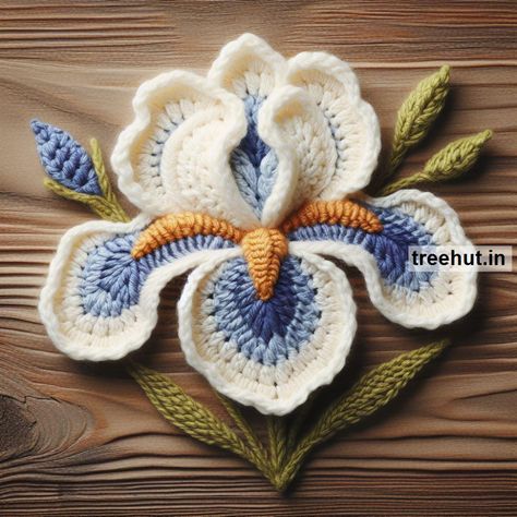 Crochet Iris Flower Applique Ideas Iris Flower Crochet, Crochet Flowers Applique, 3d Flower Crochet, Embroidery On Crochet, Crochet Iris, Free Applique Patterns, Crochet Appliques, Crochet Leaves, Crocheted Flowers