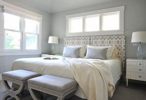 Benjamin Moore Wickham Gray. Benjamin Moore Wickham Gray bedroom with silver gray walls and beautiful gray trellis upholstered headboad. #BenjaminMooreWickhamGray  Enviable Designs Grey Colour Scheme Bedroom, Grey Bedroom Colors, Grey Bedroom Paint, Light Gray Bedroom, Light Blue Bedroom, Simple Paint, Bedroom Paint Colors Master, Blue Bedroom Walls, Benjamin Moore Gray