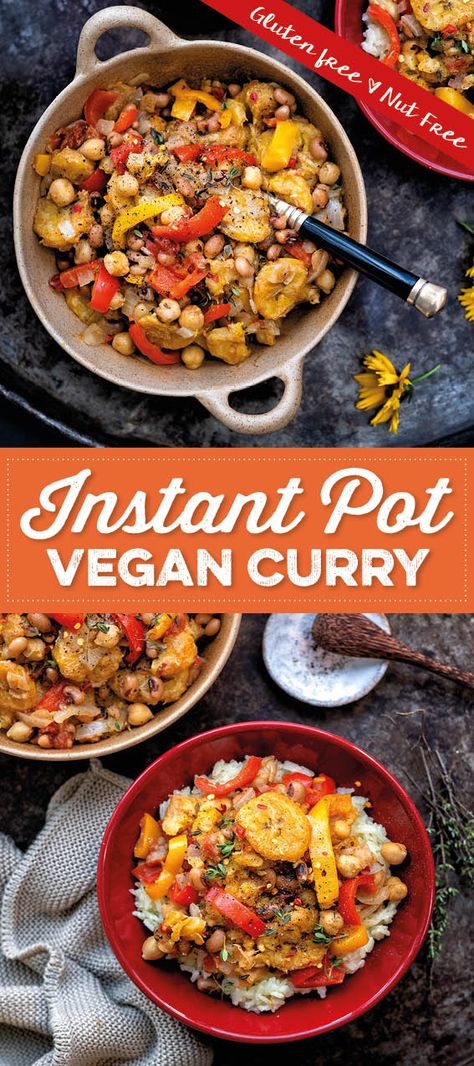 This delicious pressure cooker Caribbean plantain curry takes only 10 minutes in your Instant Pot! Dairy, gluten and nut free and totally delicious! #PressureCooker #vegancurry #instantpot #plantains #glutenfree #supergoldenbakes #nutfree #dairyfree Plantain Curry, Vegan Diner, Instant Pot Vegan, Caribbean Party, Fall Vegan Recipes, Instant Pot Soup Recipes, Caribbean Food, Healthy Instant Pot Recipes, Instant Pot Soup