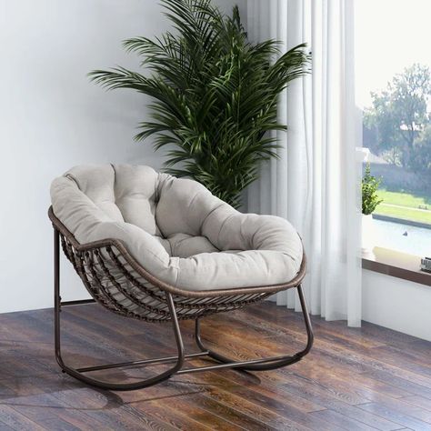 Dakota Fields Lunaire Wicker Outdoor Rocking Chair | Wayfair Front Porch Living, Rocking Chair Pads, Outdoor Wicker Rocking Chairs, Metal Rocking Chair, Rattan Rocking Chair, Rocker Recliner Chair, Upholstered Rocking Chairs, Outdoor Rocking Chair, Grey Cushion