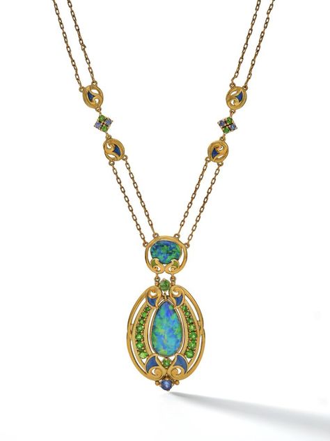 Louis Comfort Tiffany for Tiffany & Co. | An Antique Gold, Black Opal, Demantoid Garnet, Sapphire and Enamel Necklace, Circa 1914. Jean Schlumberger, Tiffany Art, Jewelry Tiffany, Demantoid Garnet, Louis Comfort Tiffany, Paloma Picasso, Round Sapphire, Blue Book, John B