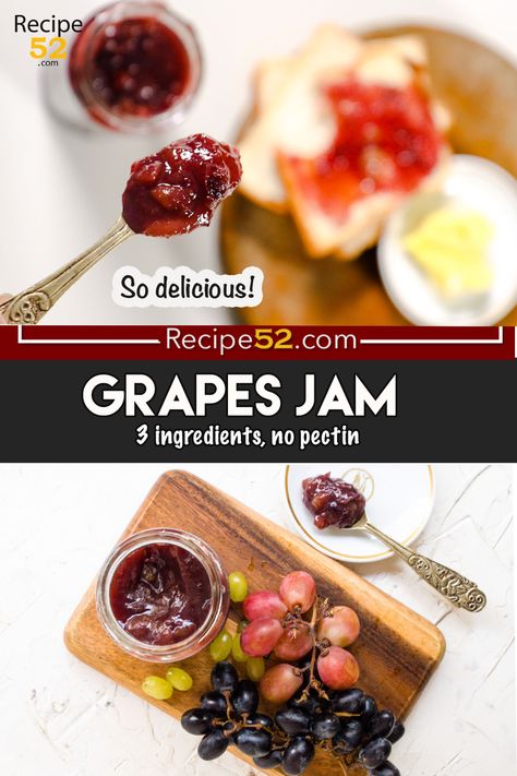 Hey friends, juicy, ripe grapes are in season and so it's time to make homemade grape jam without pectin. This recipe is a charm as it is a super simple and easy-to-follow recipe and makes absolutely delicious jam. It tastes so good and needs just three pantry ingredients. #grapesjam #concordgrapejam #pectinfree #nopectin #withoutpectin #lowsugar #nosugar #freezerjam #refrigeratorjam Grape Jam Recipe, Jam Without Pectin, Refrigerator Jam, Pectin Recipes, Low Sugar Jam, Grape Jam, Canning Jam, Freezer Jam, Pantry Ingredients