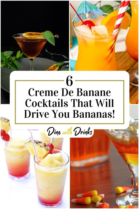 Collage of 4 creme de banane cocktails. Creme De Banana Drink Recipes, Creme De Banana Liqueur Recipes, Banana Cocktail Recipes, Banana Cocktails, Coconut Rum Drinks, Best Mixed Drinks, Alcohol Beverages, Banana Drinks, Liqueurs Recipes